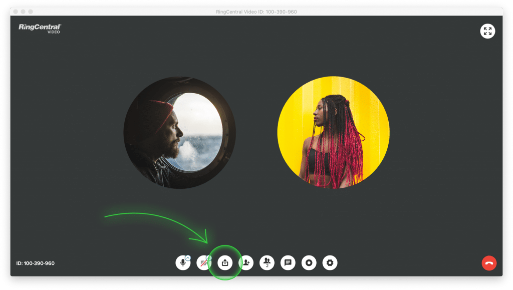 Screenshot of RingCentral Video interface showing how to share the screen