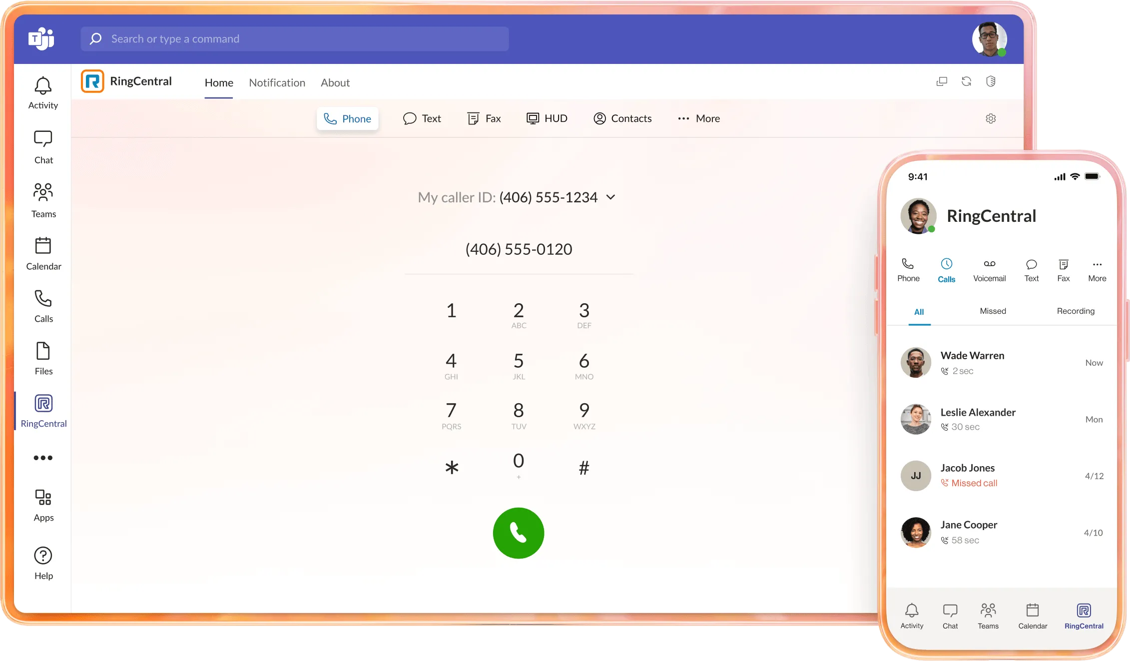 The RingCentral call history on mobile on top of the RingCentral Dialer integrated into MS Teams desktop app