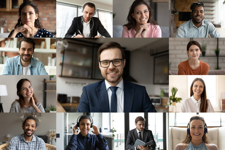 businesspeople brainstorm engaged in team webcam video call in office