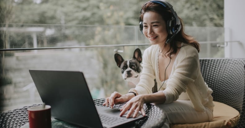 asian chinese beautiful woman work from home having virtual meeting with colleague at balcony with her pet french bulldog wearing headset