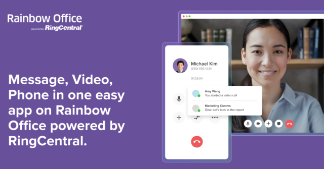 a coloured card with text describing the value proposition of Rainbow Office Powered by RingCentral alongside screenshots from the interface of the tool