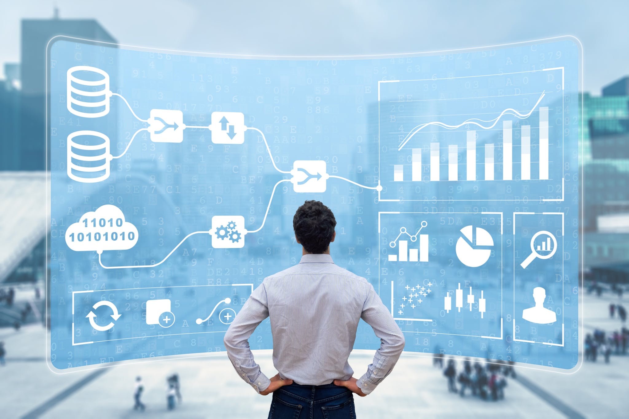 Business Analytics and Data Management System (DMS) giving key insights for corporate strategy. Concept with expert analyst building visualization with KPI and metrics from database information-464