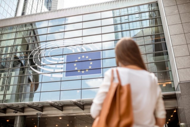 Businesswoman near the parliament building in Brussel-797