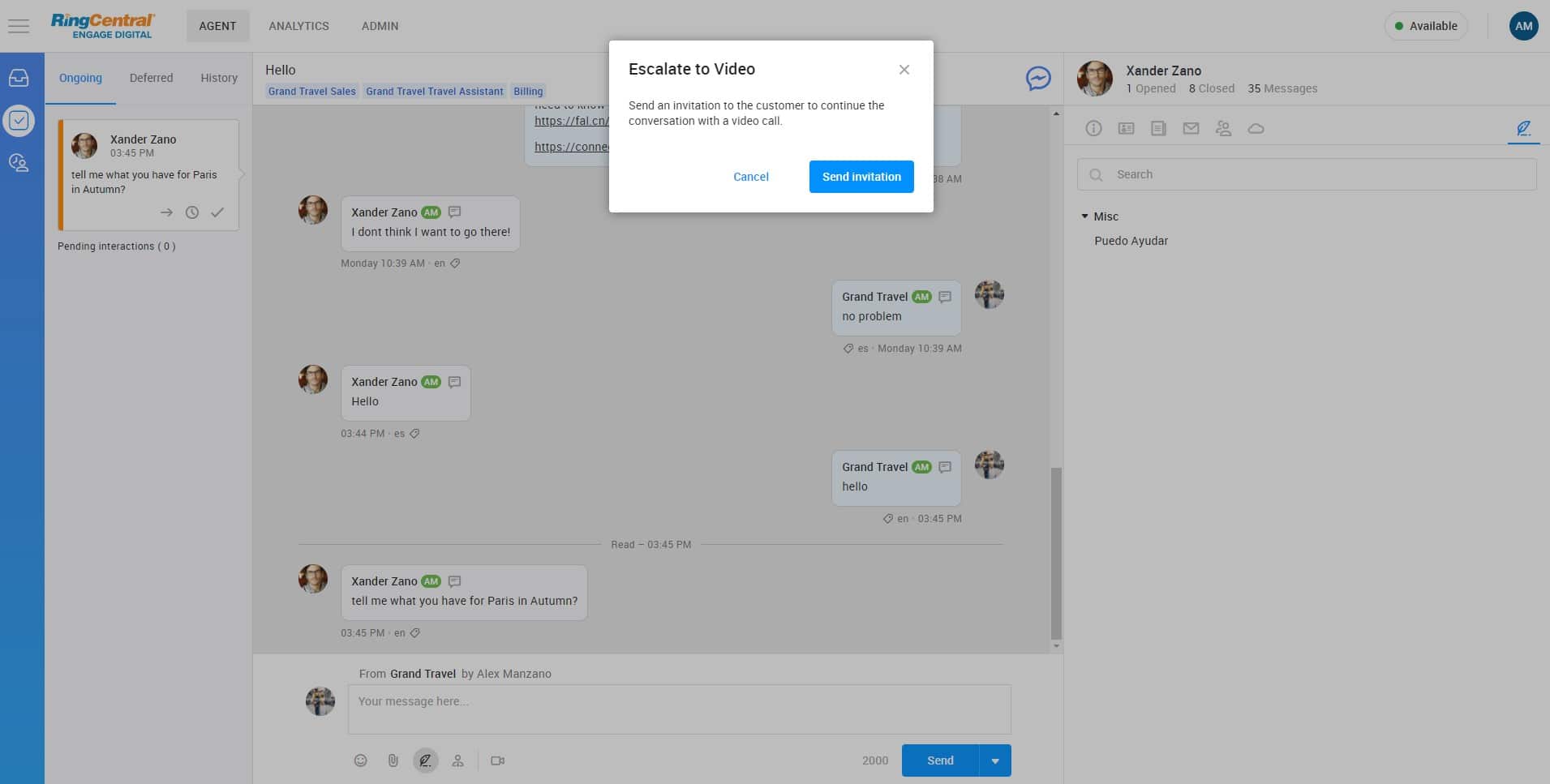 Demonstrate of how to escalate a customer interaction to a video call in RingCentral Engage Digital