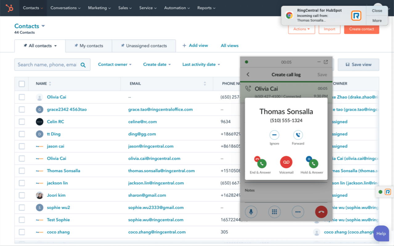 Screenshot of the RingCentral for Hubspot integration