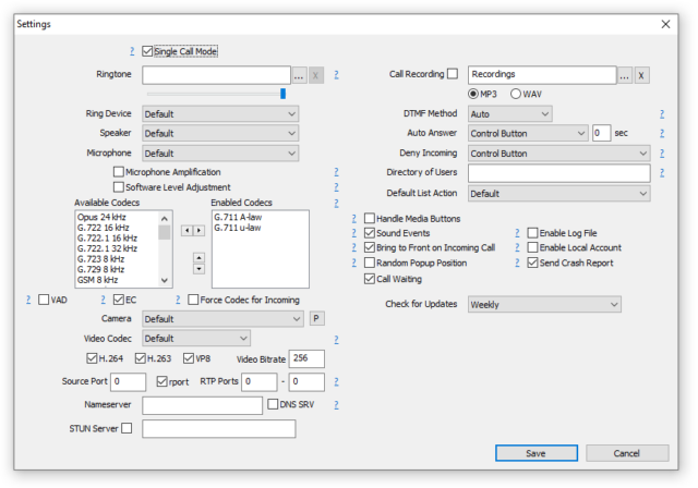 Screenshot of the MicroSIP VoIP software settings page