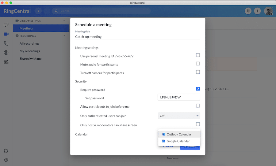 Scheduling a meeting in RingCentral
