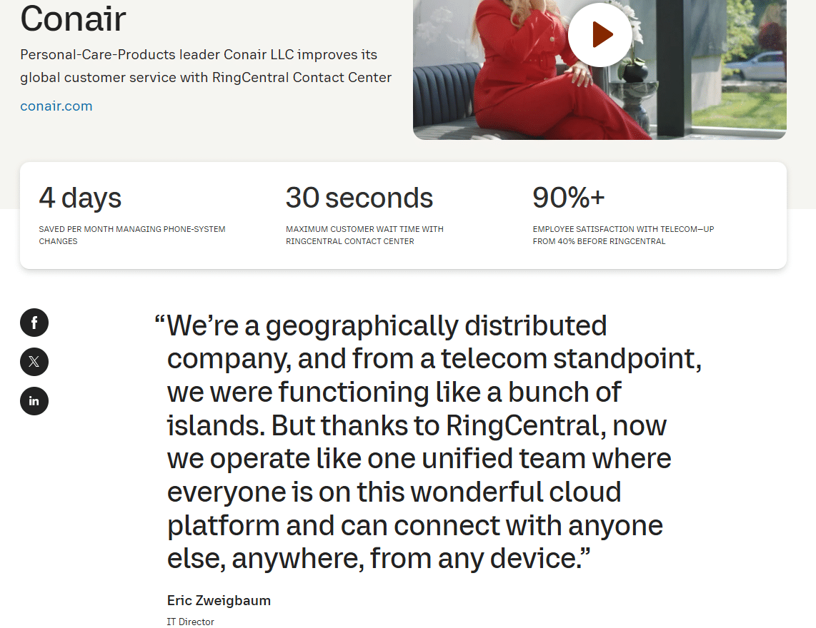 An example of a RingCentral case study of our relationship with Conair