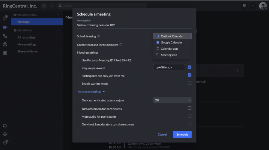 scheduling a video meeting in ringcentral app