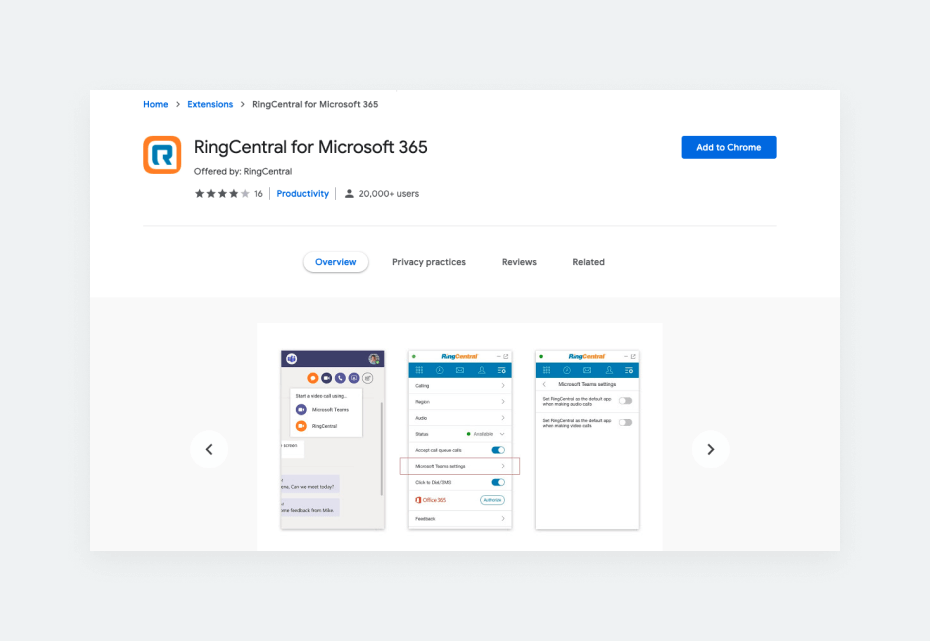 RingCentral for Microsoft 365 Add to Chrome button