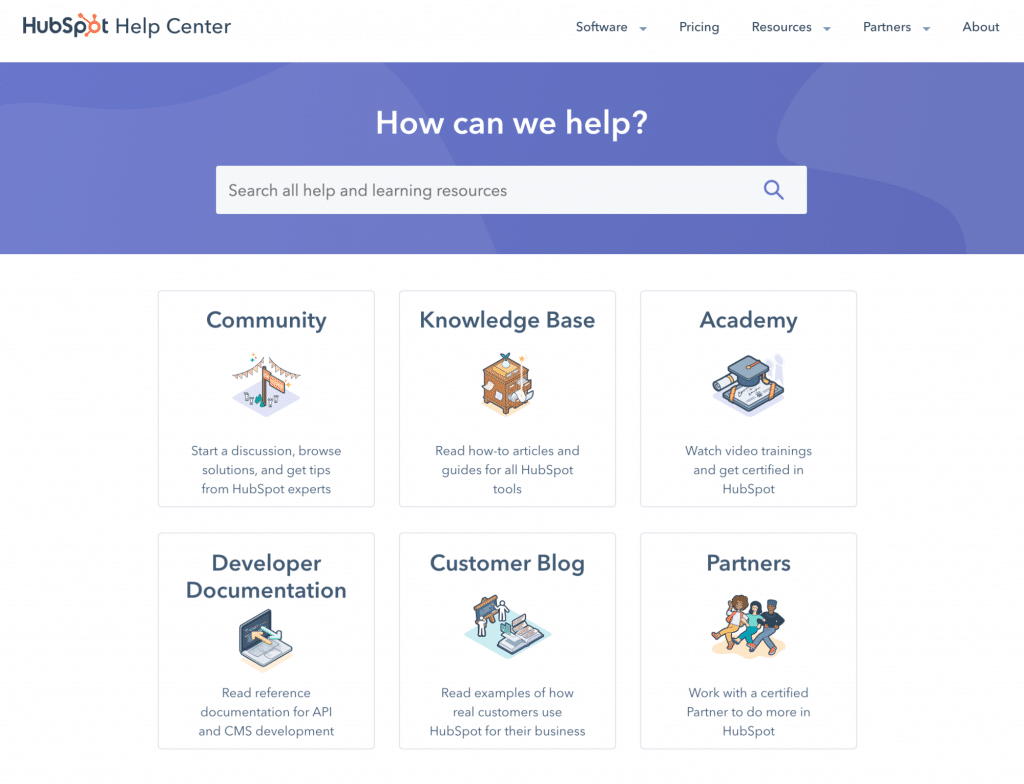 A screenshot of HubSpot’s help center, a hub for great B2B customer service