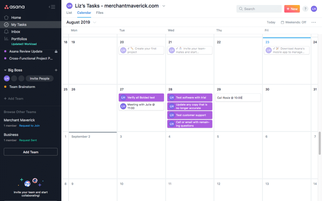 Example of the calendar view in Asana