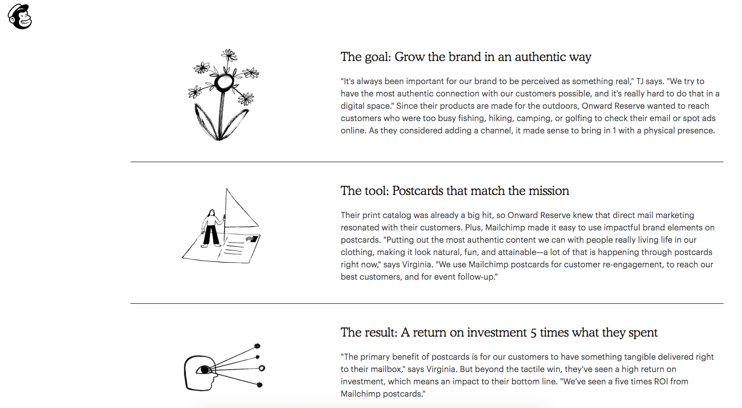 A screenshot from Mailchimp’s case study of their relationship with Onward Reserve
