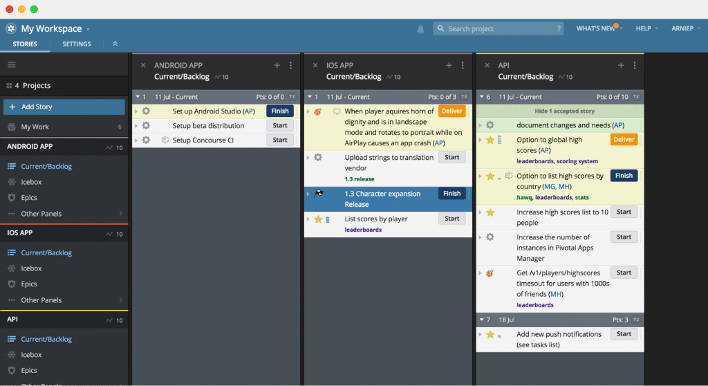 Pivotal Tracker project management tool