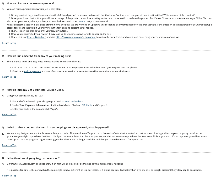 Zappos FAQ Page