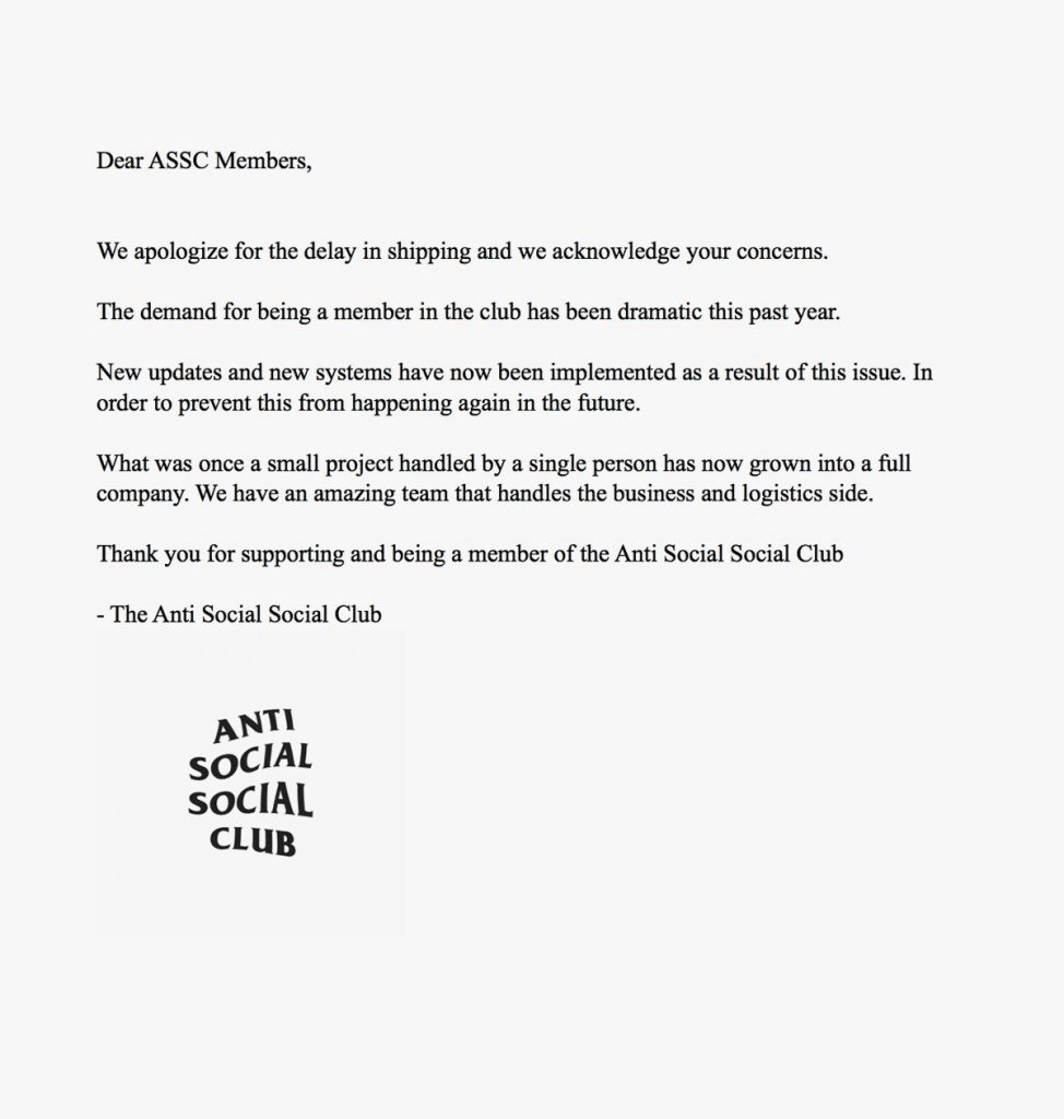 Anti Social Social Club’s apology letter following delayed deliveries