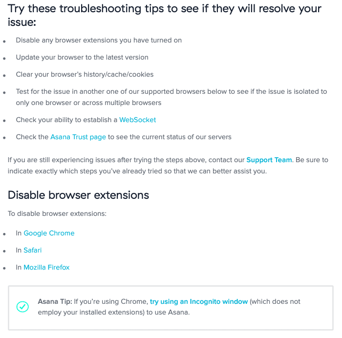 Asana's introduction shows the types of problems and listings of different error messages the customer is likely to encouter.