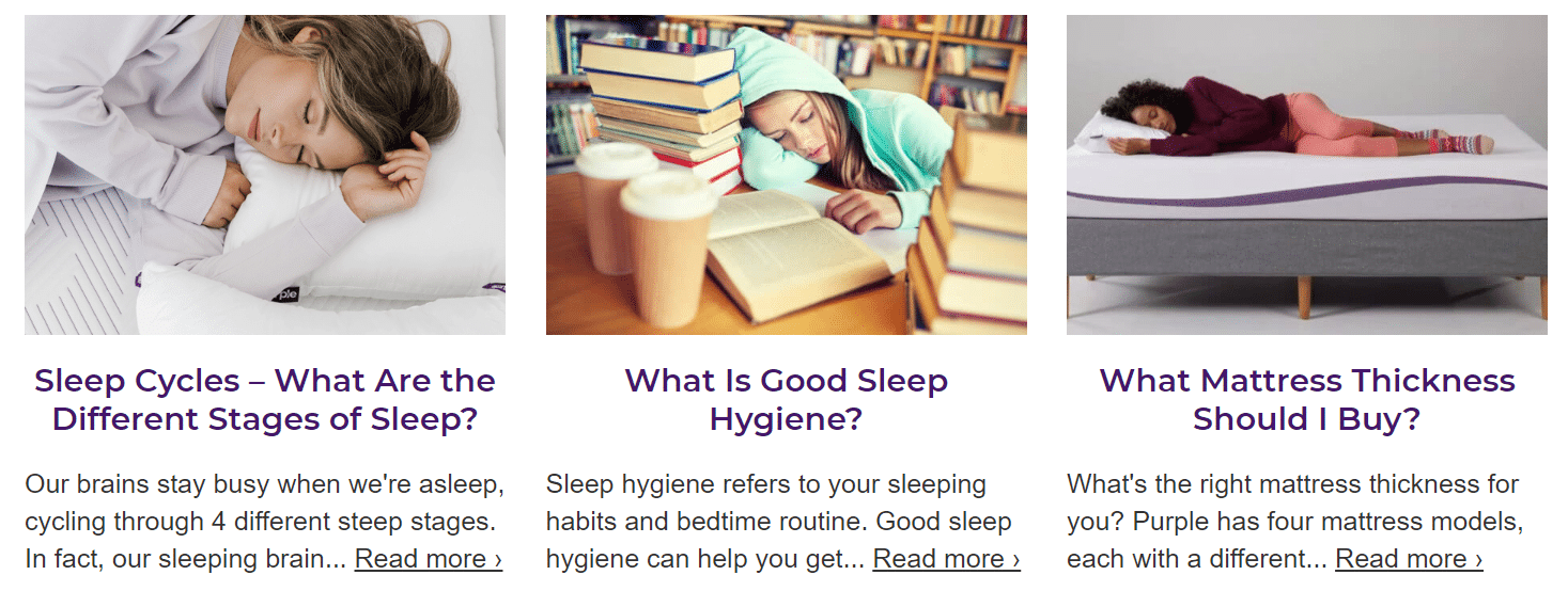 Purple targets sleep-related keywords to drive traffic and raise awareness for their product via blogging.