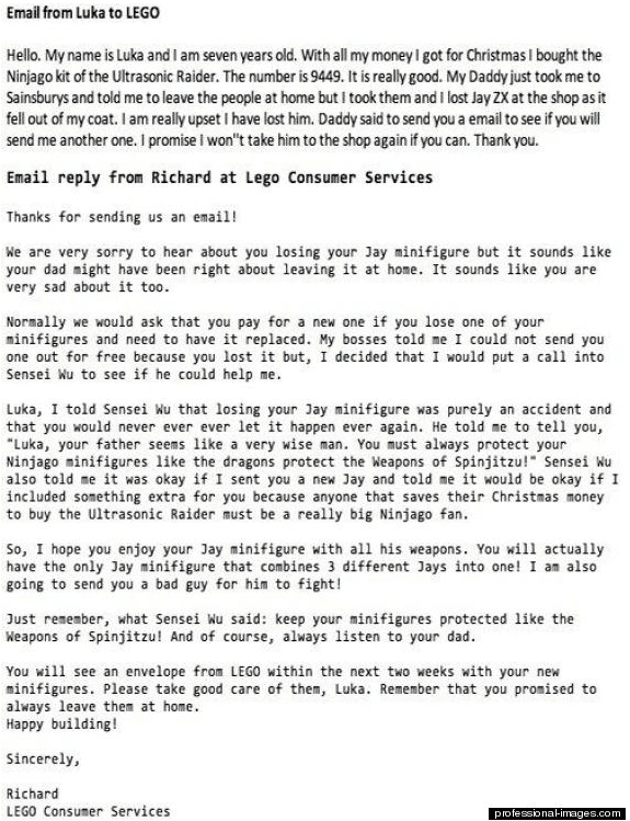 Seven-year-old Luka from England wrote to Lego to explain how he’d lost his new figurine after it fell out of his pocket.