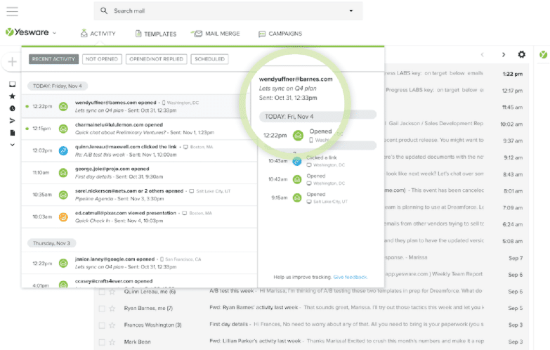 Analyzing the activity of a prospect via the Yesware sales tool