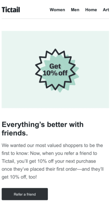 TIctail offering 10% off for referring a friend