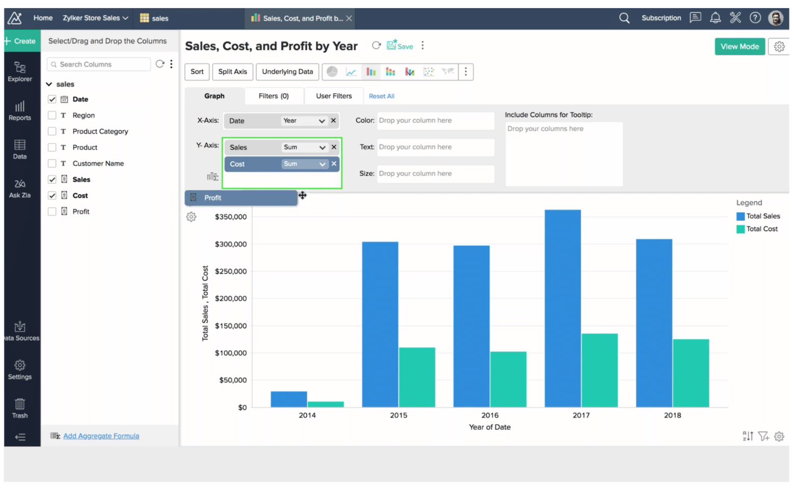 Here’s an example of Zoho CRM, comes with analytics features such as the ability to create reports just by dragging and dropping in data sets.