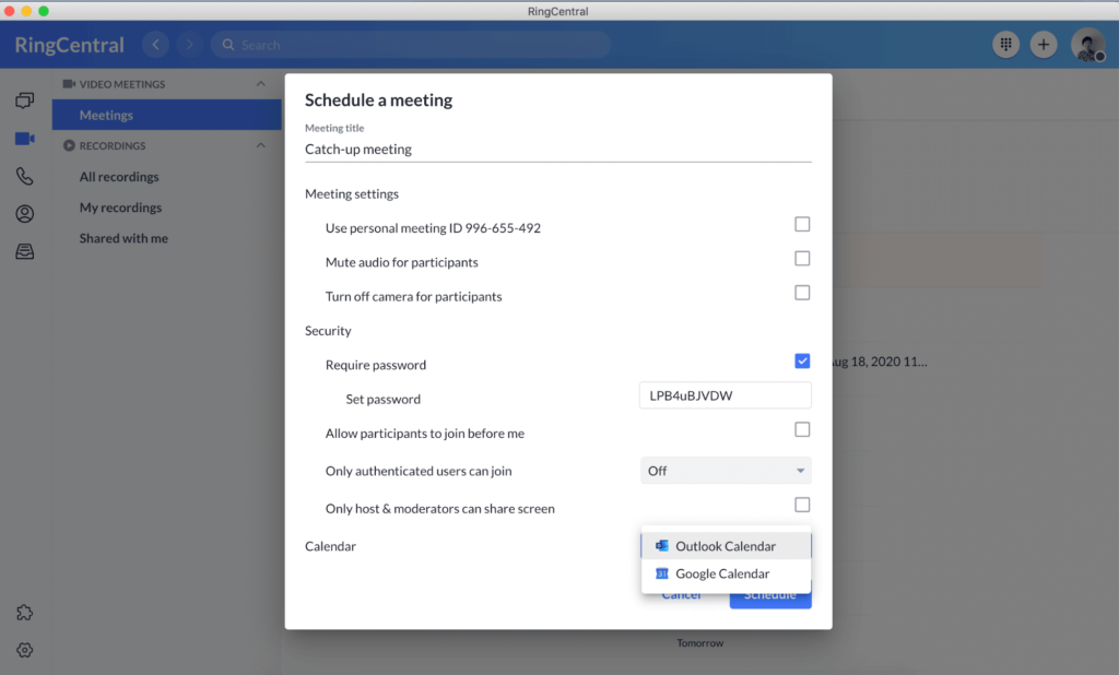 scheduling a conference call meeting in ringcentral