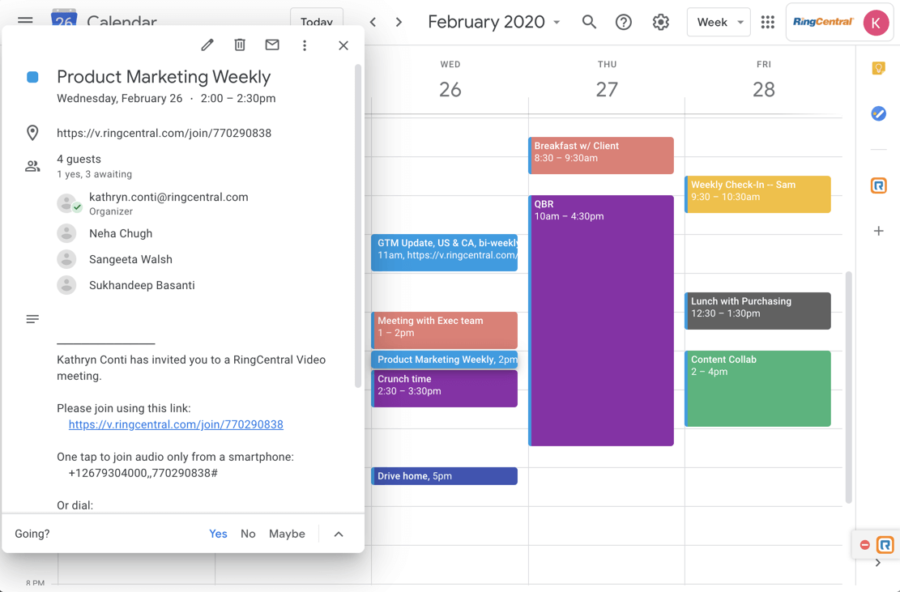 An example of RingCentral integrating with Google Calendar