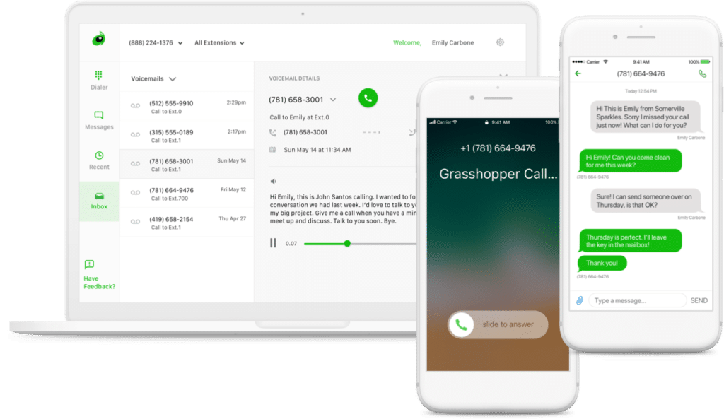 Grasshopper’s unified communications platform on laptop and mobile devices