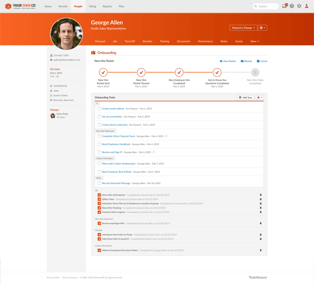 BambooHR onboarding checklist example