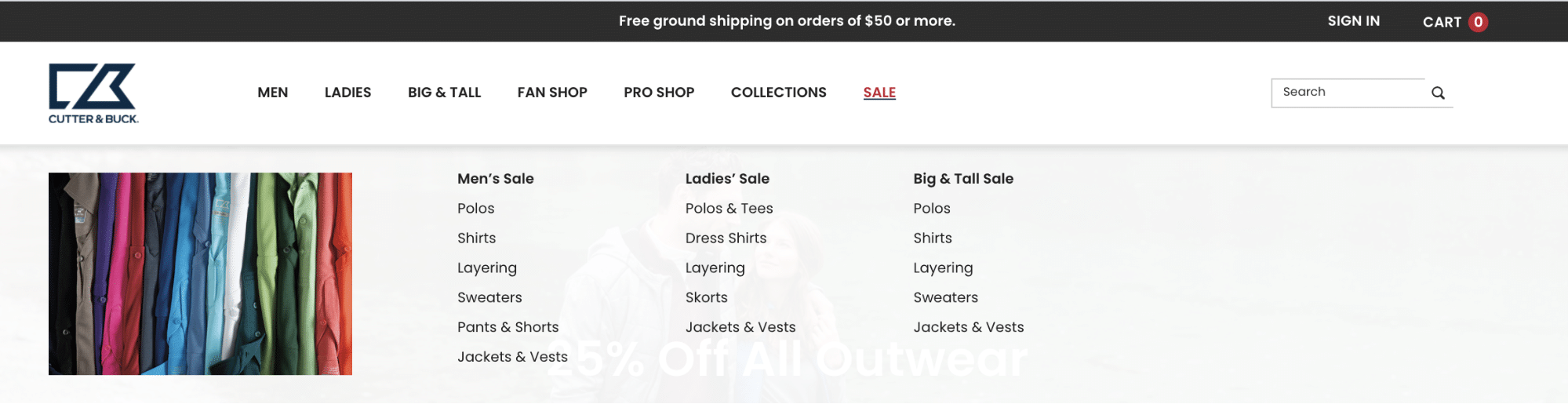 Cutter & Buck website sale section