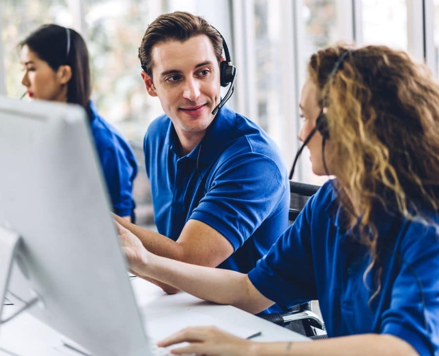 Group of happy call center smiling business operator customer su