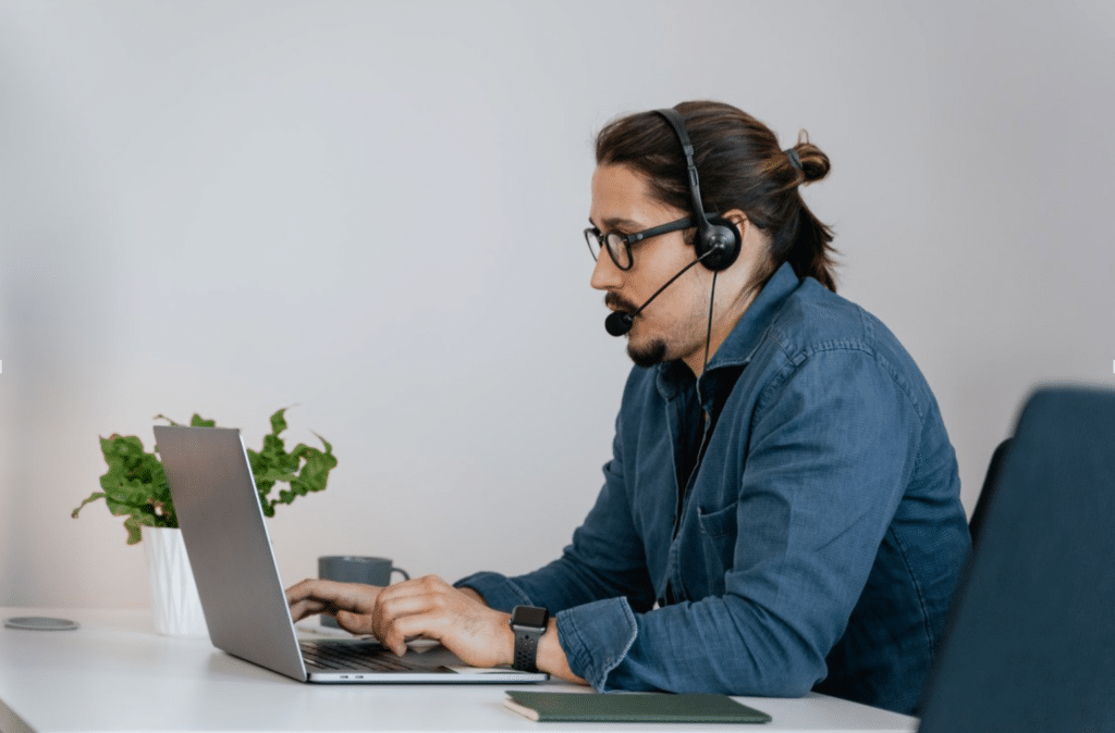 Call center representative talking with a headset