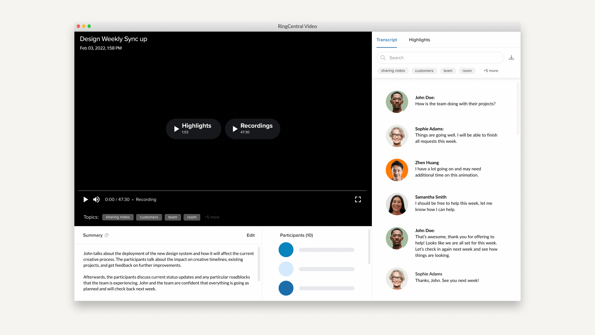 Animated image of AI-generated meeting summaries