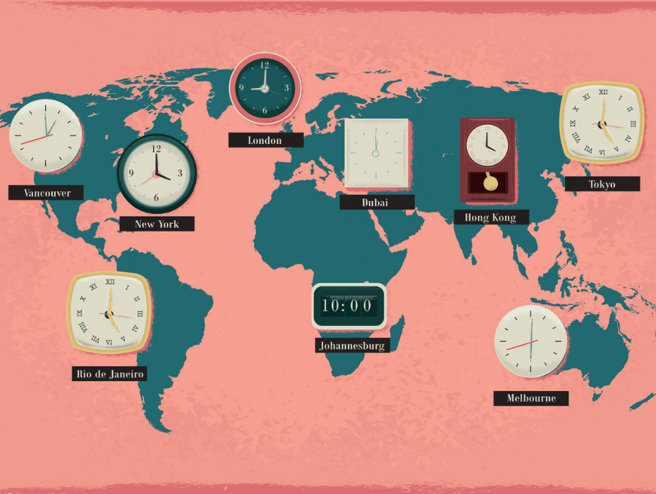 Vector illustration of a group of different styled clocks showing major city times on a world map a textured background.