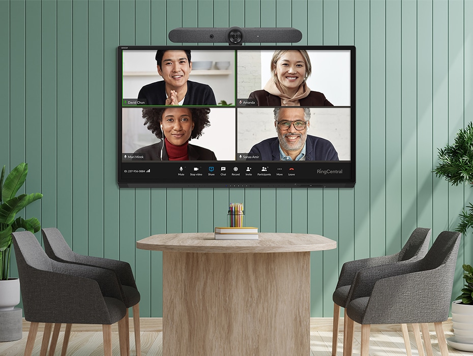 Empty meeting room with Avocor display and RingCentral Video meeting