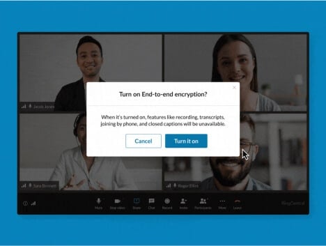 A remote team turning on the end-to-end encryption feature while on a RingCentral Video meeting