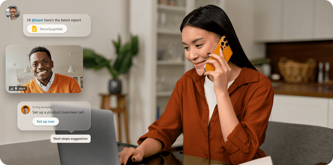 A woman is simultaneously chatting, video conferencing, and checking a report sent by her colleague on the RingCentral desktop app while on her mobile phone