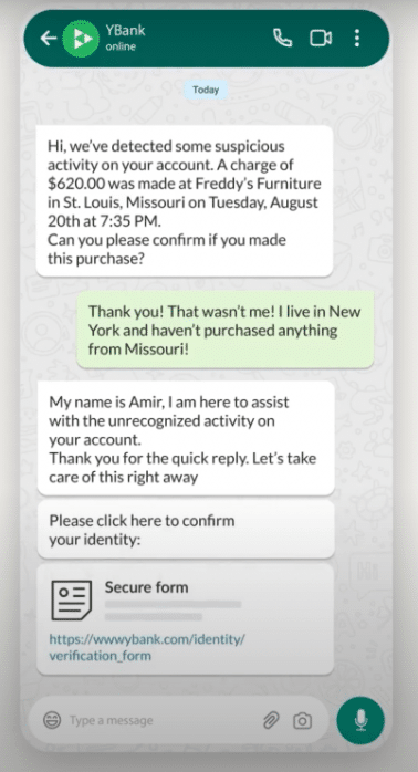 A text message conversation between an individual and their bank.