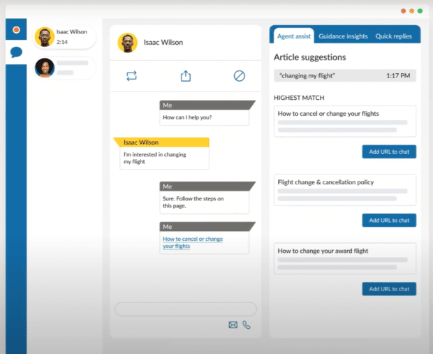 A computer screen showing an interaction via chat between a customer and a contact center agent.