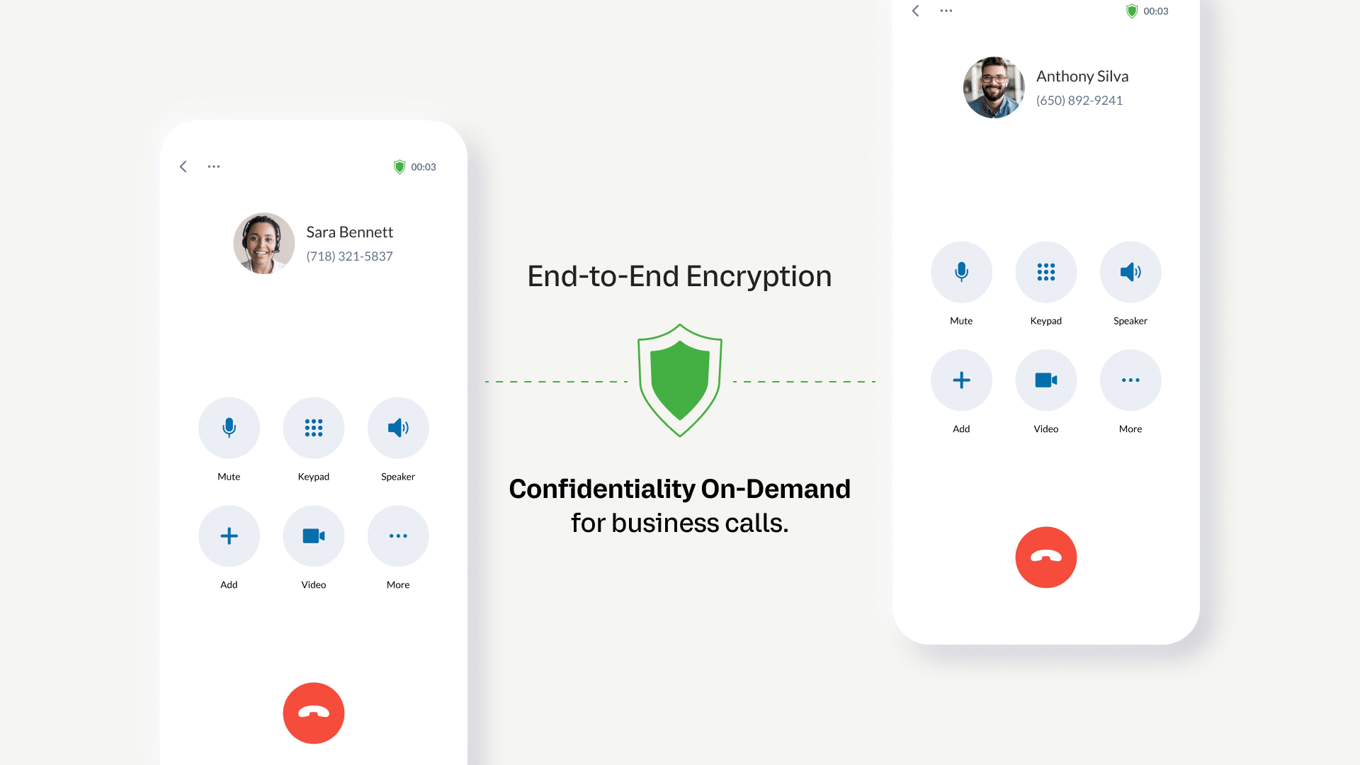 Two smartphone dial screens connected by end to end encryption