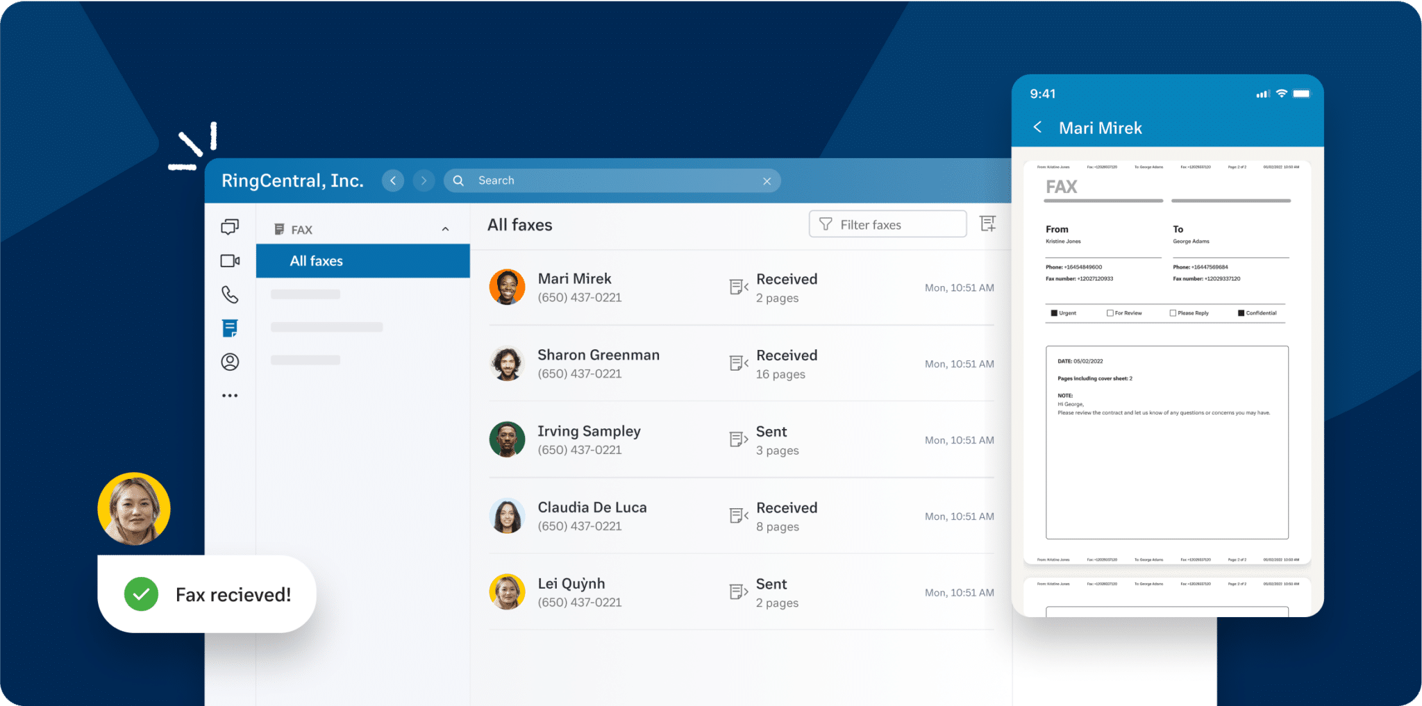 eFax user interface on desktop and mobile