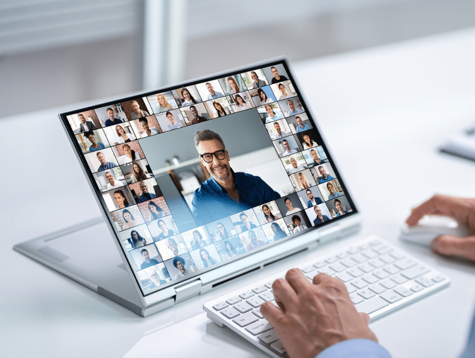 Video conference with over 30 people on a laptop