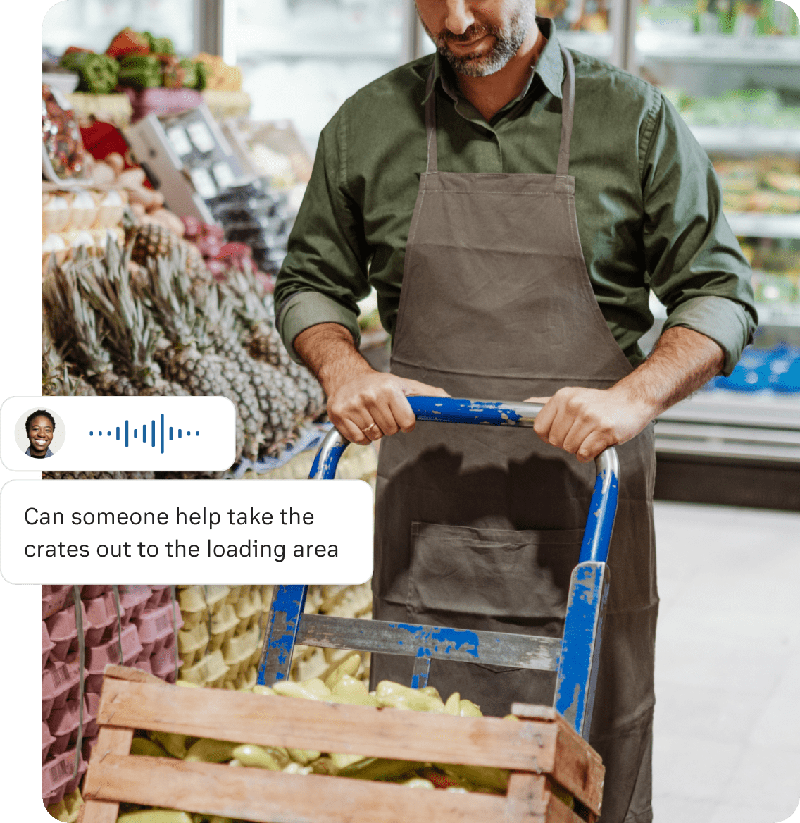 RingCentral for frontline workers: Grocery floor worker getting walkie talkie request from manager