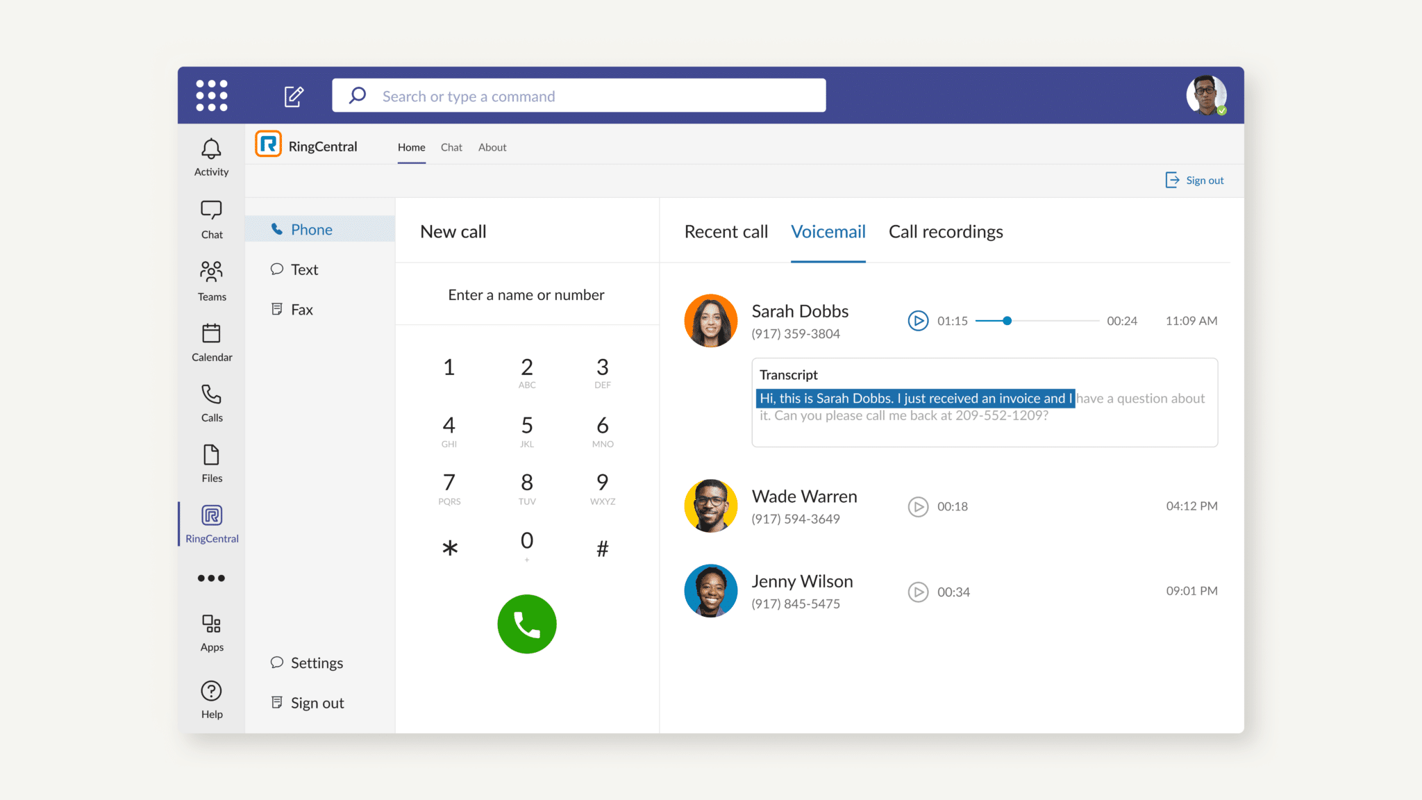 RingCentral Microsoft Teams voicemail transcription