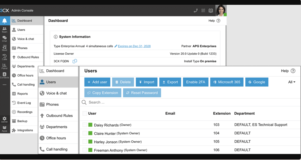 The 3CX admin console