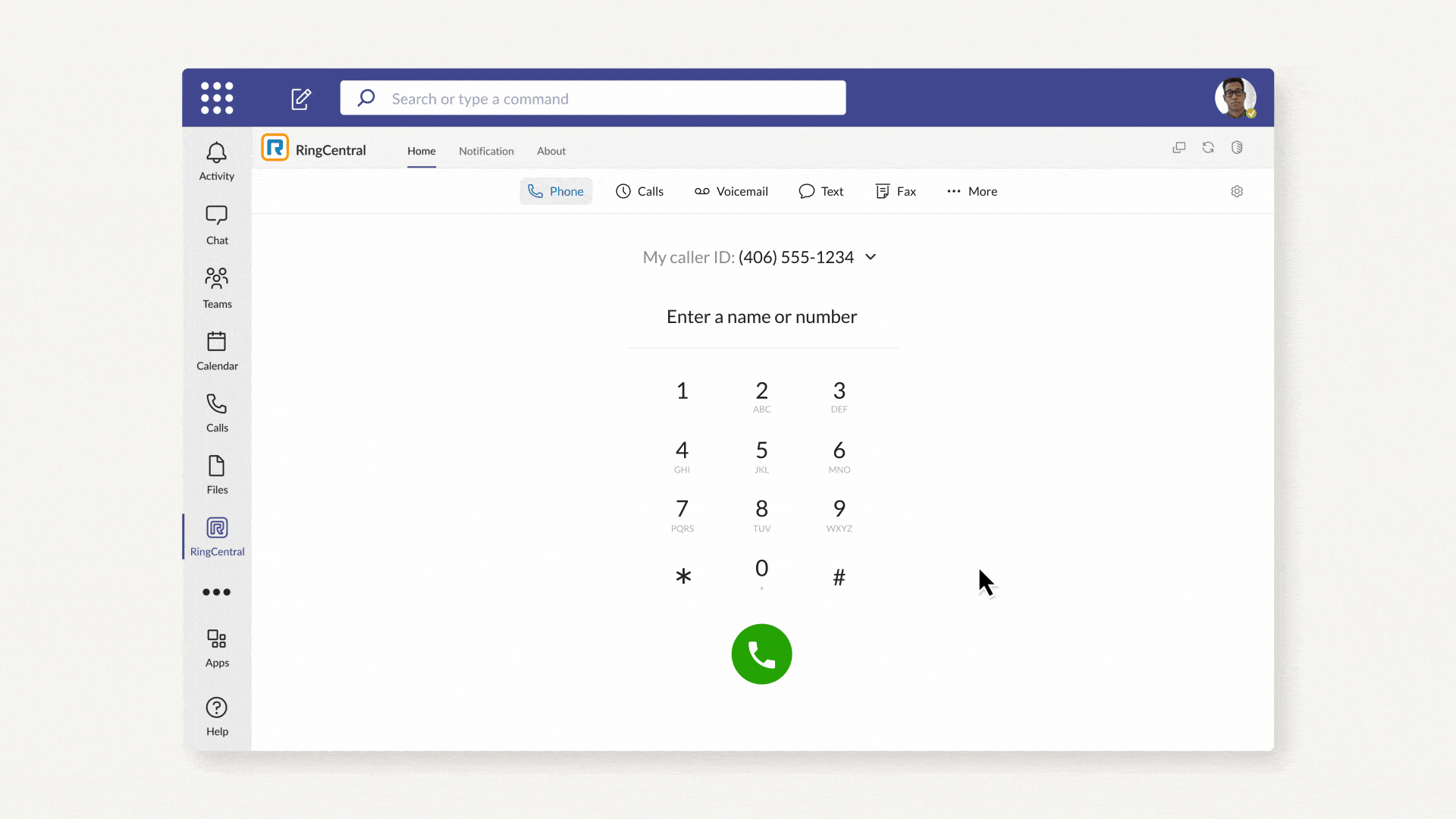 RingCentral for Microsoft Teams - receiving a call UI