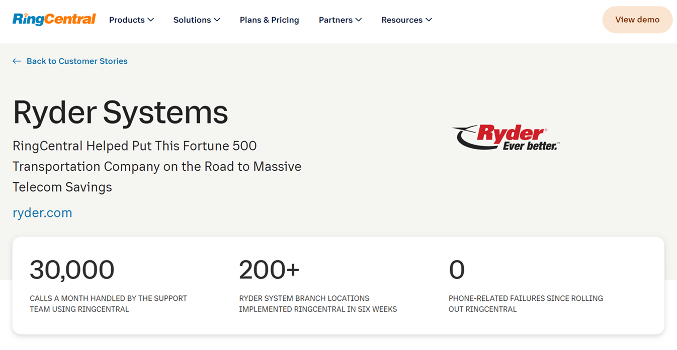 A screenshot from the RingCentral/Ryder Systems case study