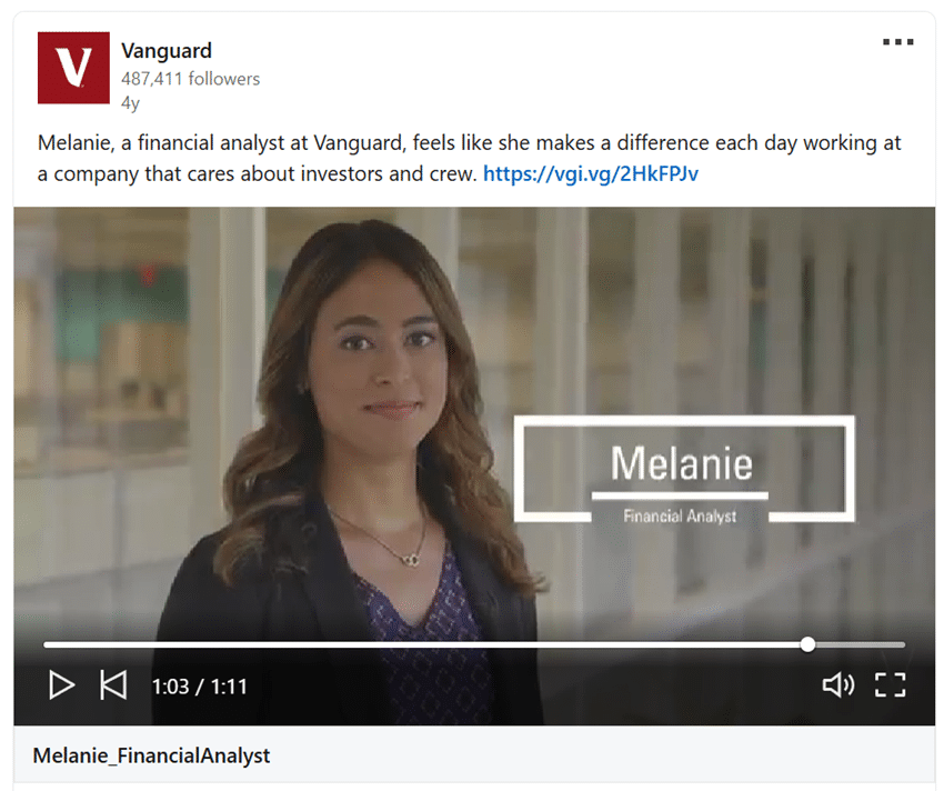Employee story video from Vanguard’s LinkedIn