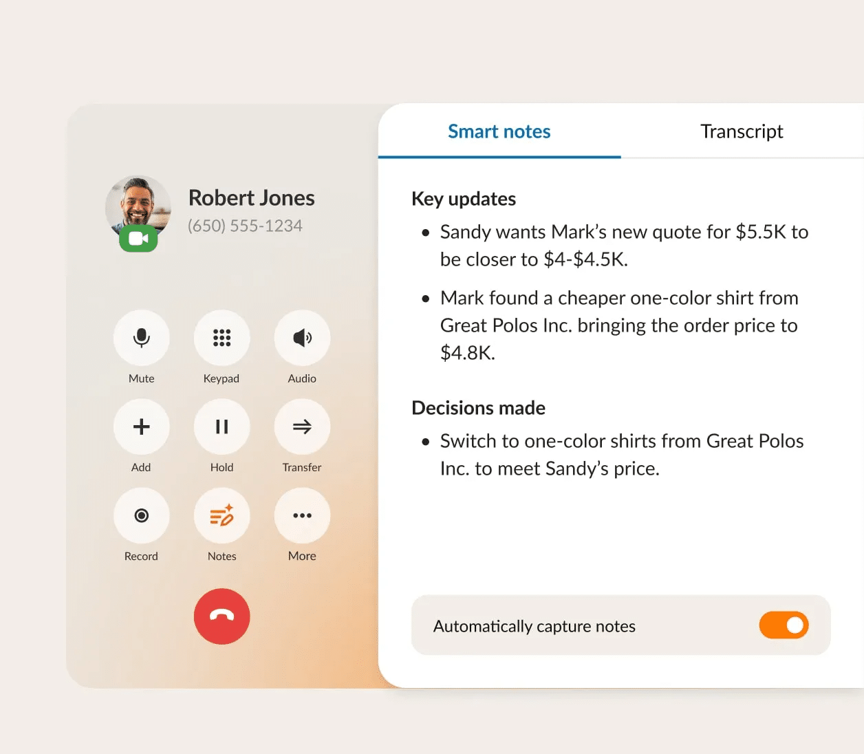 RingCentral RingEX AI automatically transcribes conversations and creates smart notes for every call.